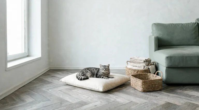 Chat installé sur un coussin crème dans un salon rangé, avec paniers de rangement et canapé vert sauge
