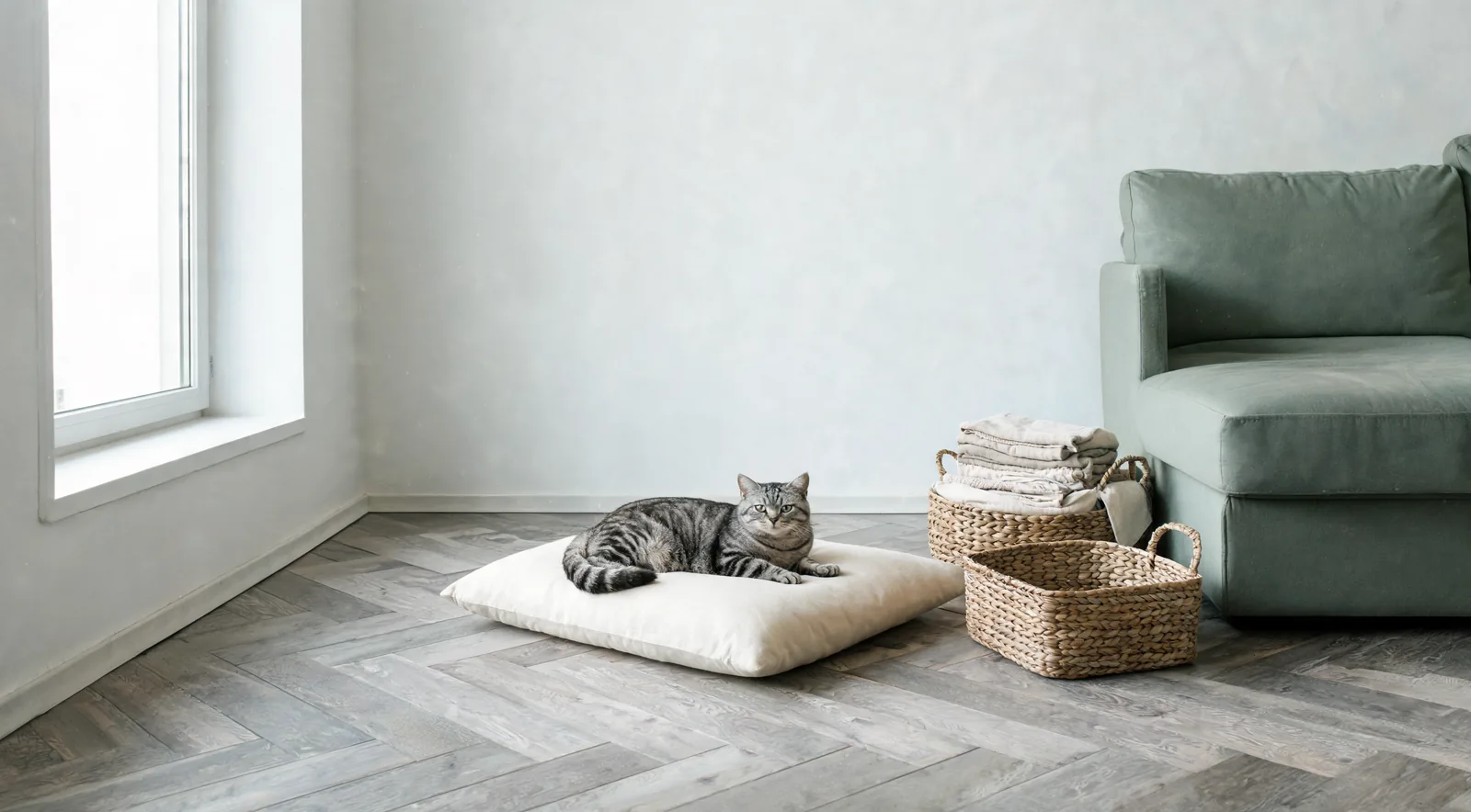 Chat installé sur un coussin crème dans un salon rangé, avec paniers de rangement et canapé vert sauge