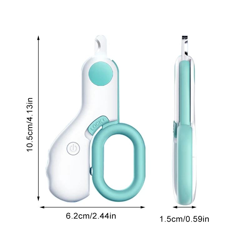 Coupe-ongles blanc et turquoise vu de face et de profil, avec ses dimensions indiquées