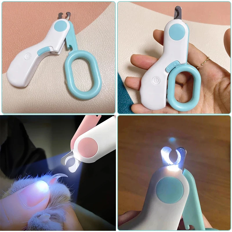 Quatre vues d'un coupe-ongles blanc à anneau turquoise ou rose : posé, tenu en main et lumière allumée sur une griffe