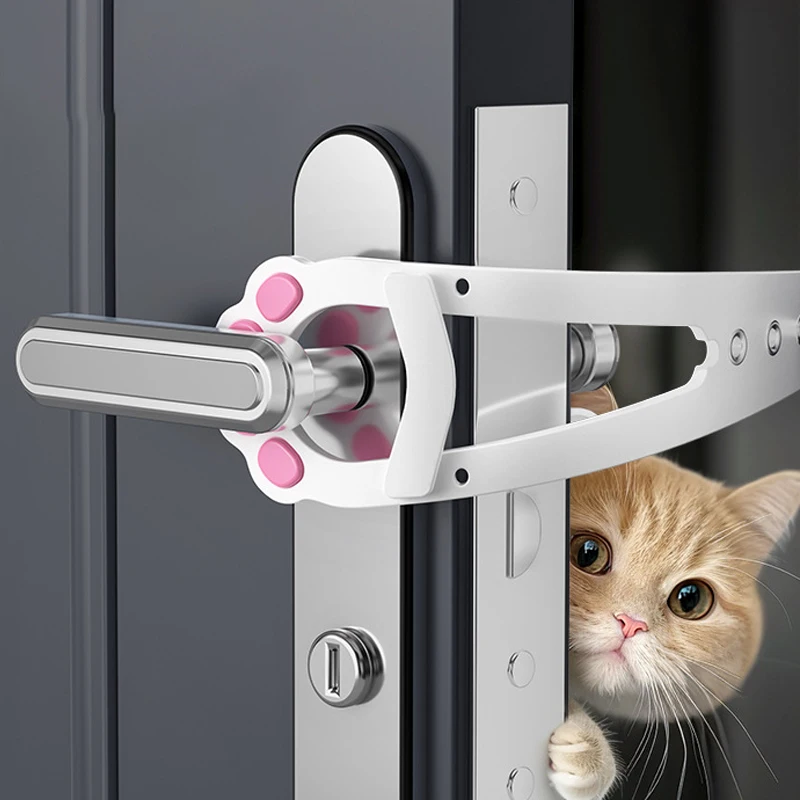 Chat roux passant la tête par une porte entrouverte, loquet en patte
