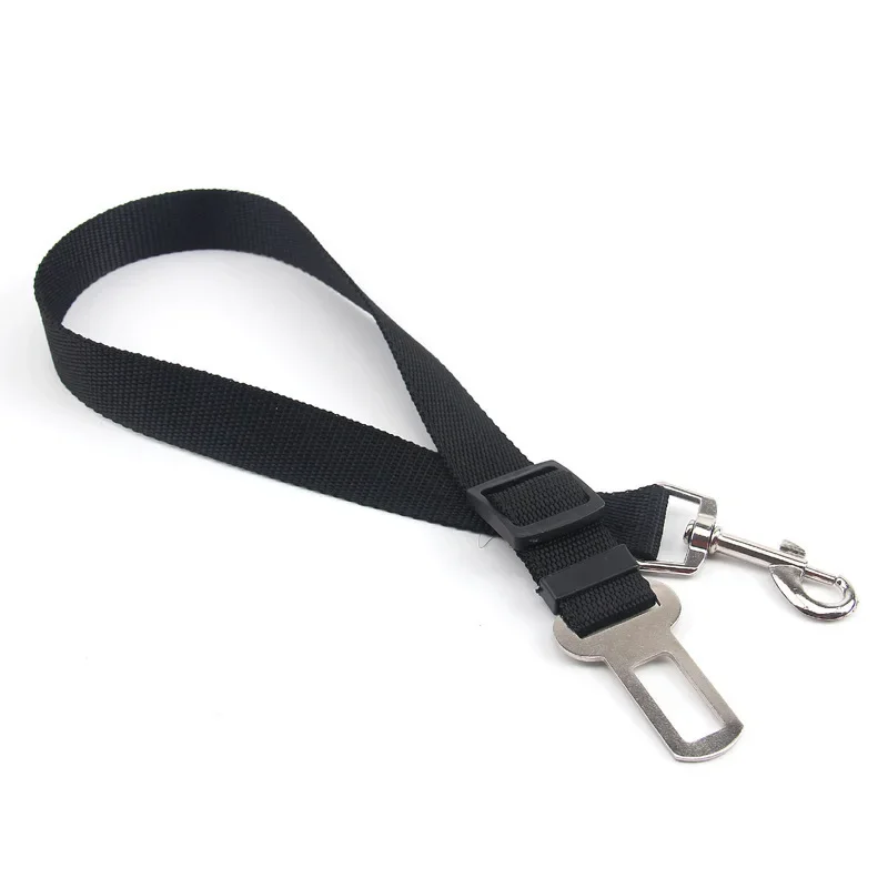 Ceinture de sécurité noire réglable pour chien, avec boucle plastique, mousqueton et embout métallique de ceinture