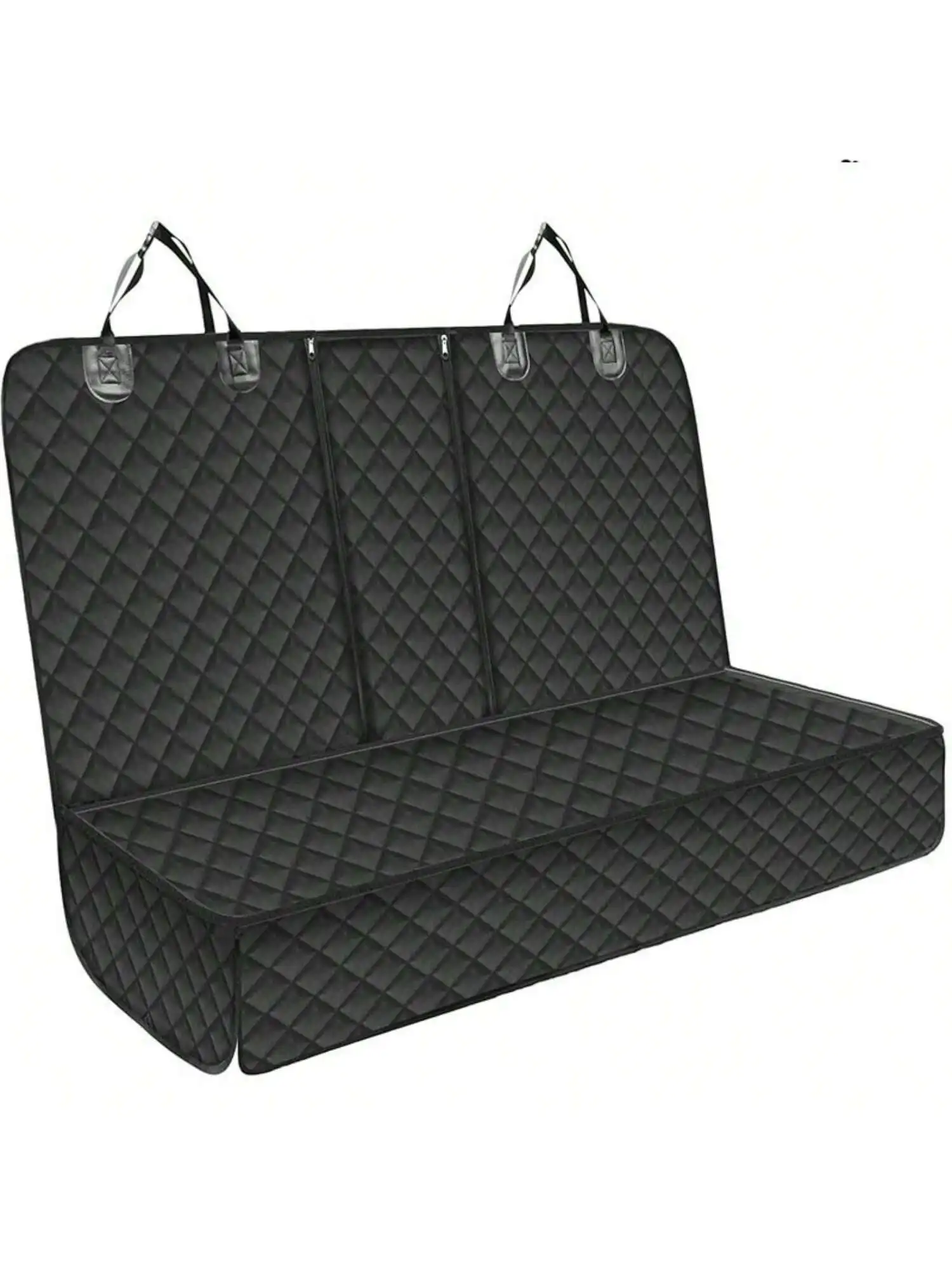 Housse de banquette arrière noire matelassée vue à plat, avec sangles d'appui-tête et rabats latéraux
