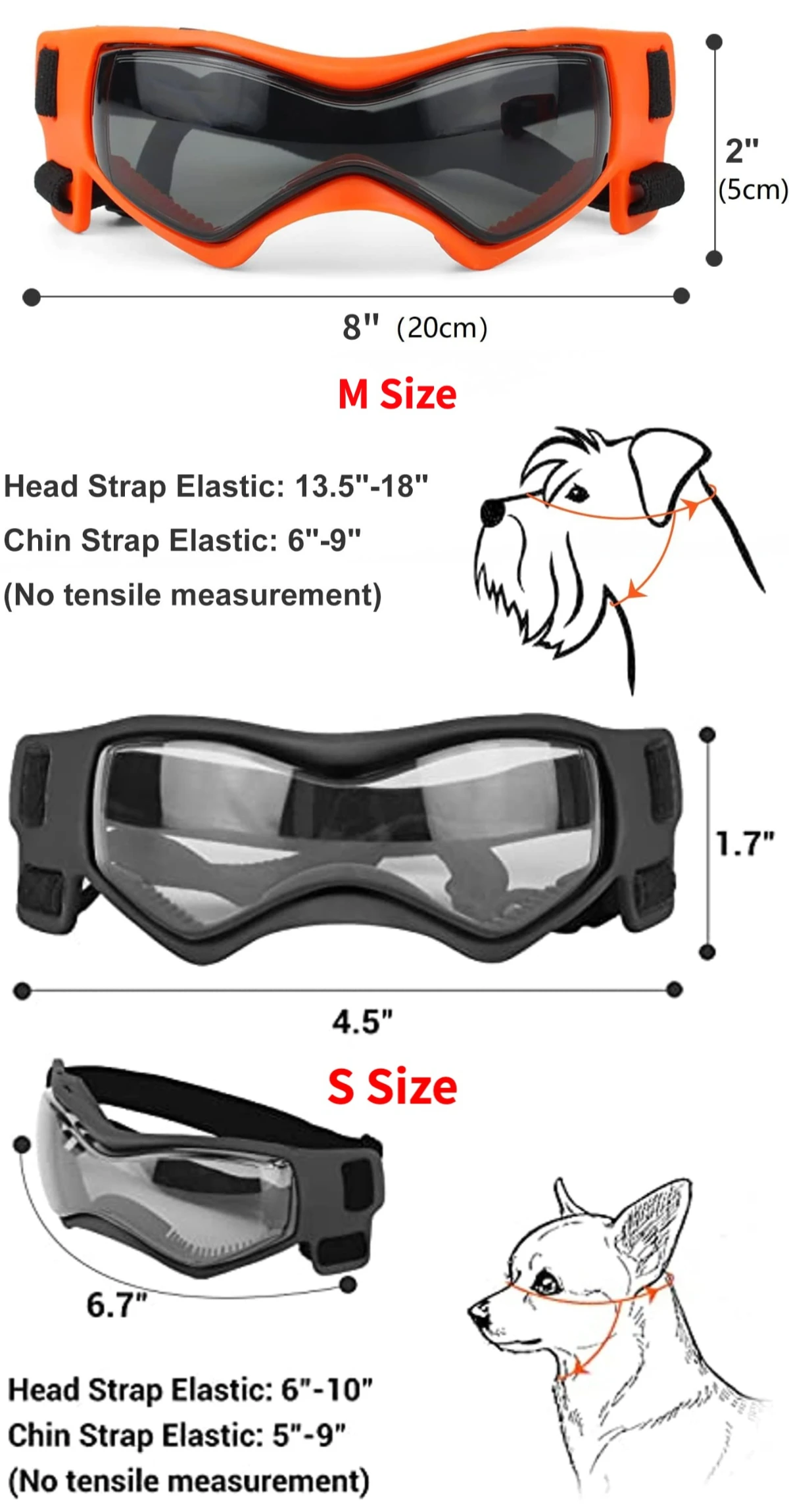 Deux modèles de lunettes pour chien, orange et noir, avec leurs dimensions et les tours de sangle indiqués