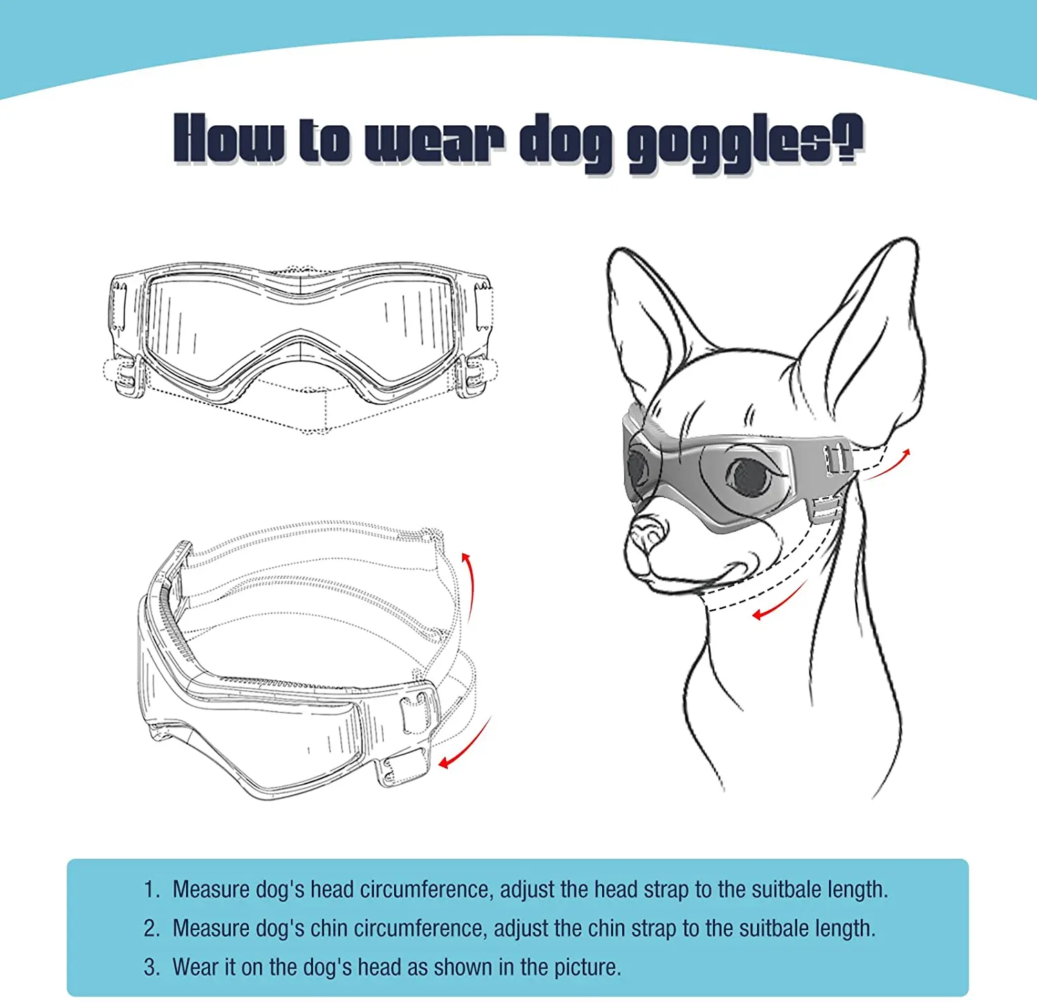 Schéma en dessins au trait de la pose de lunettes pour chien : réglage de la sangle de tête et de la sangle de menton