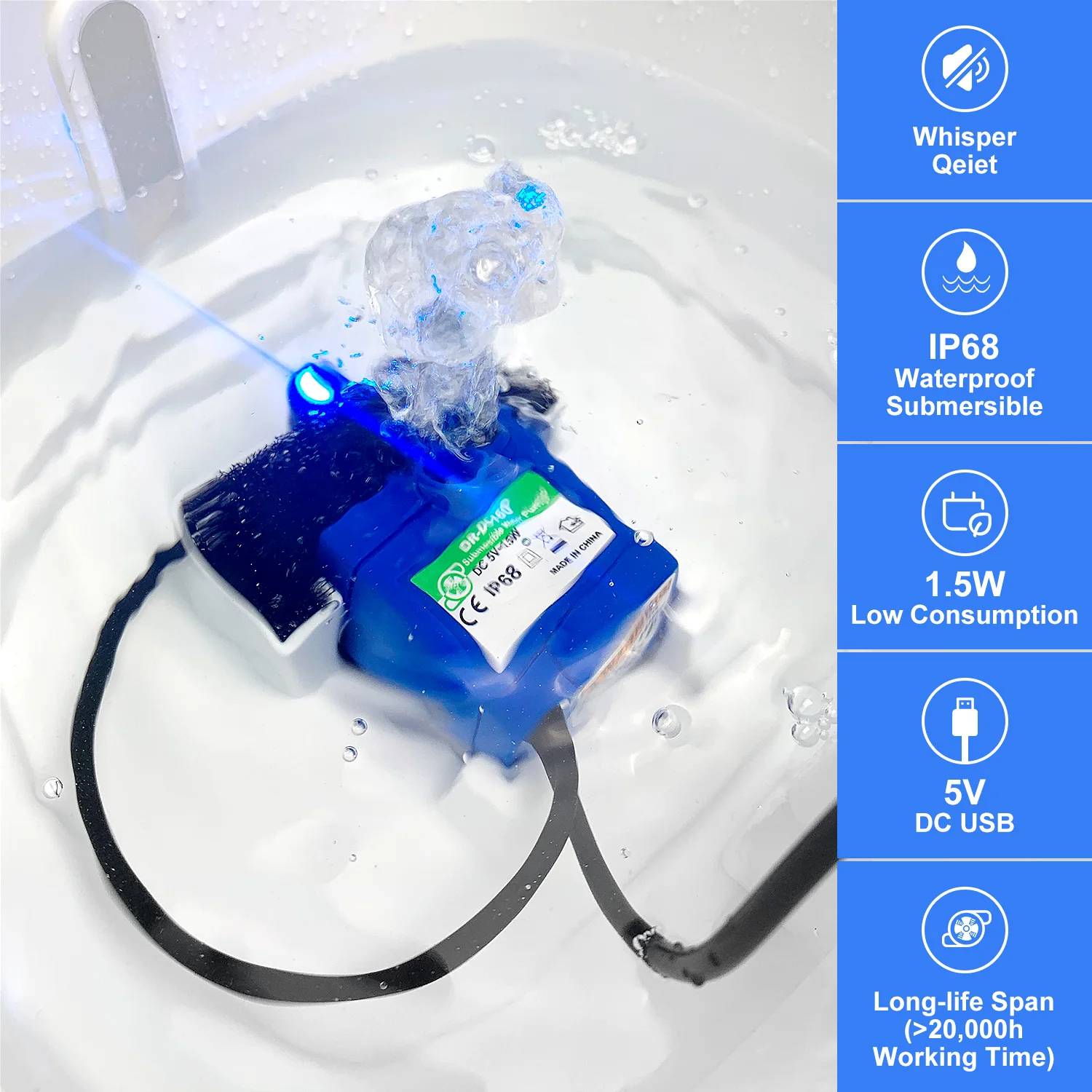 Pompe de fontaine bleue immergée dans l'eau avec son câble noir, à côté d'une colonne de pictogrammes