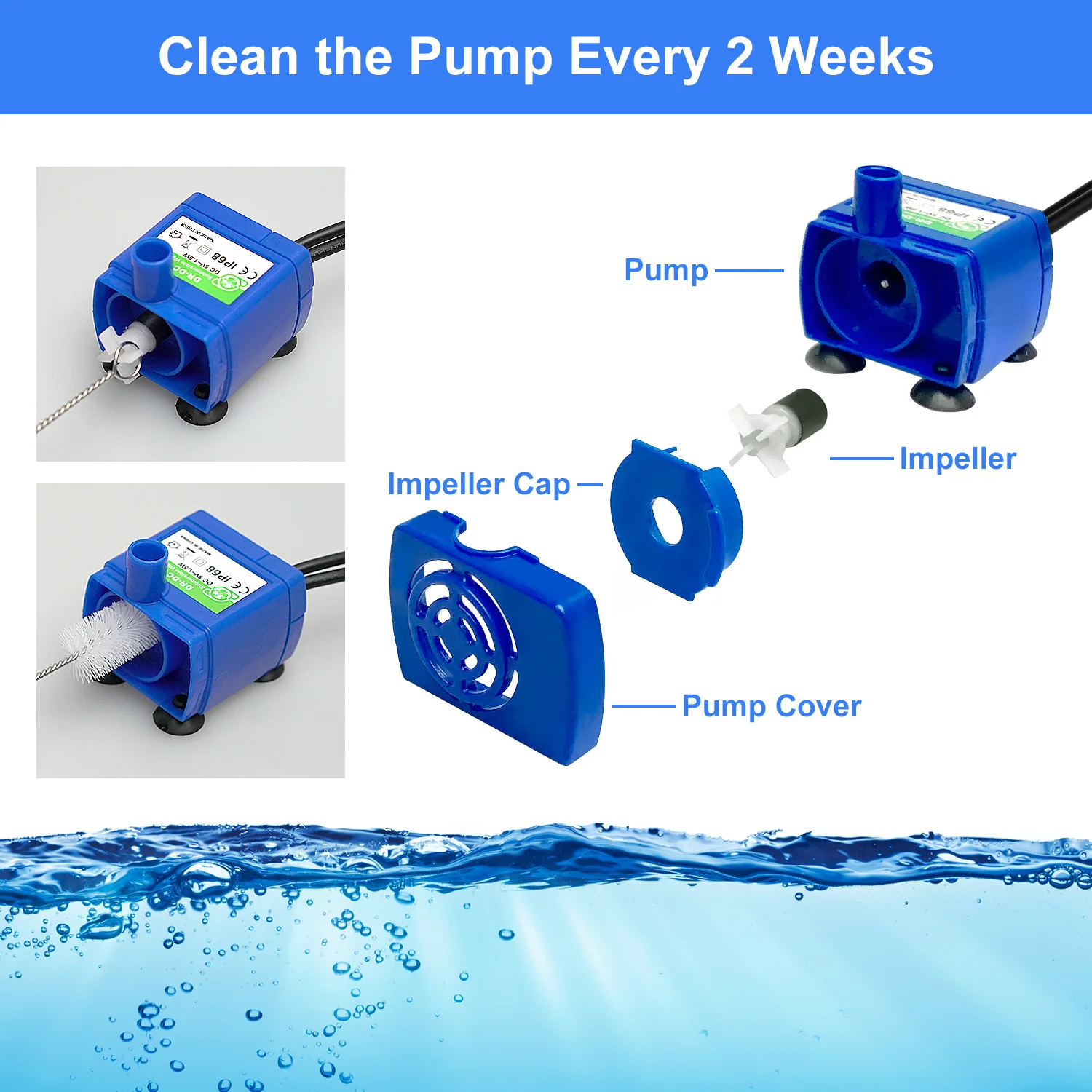 Pompe bleue de fontaine démontée en éclaté, avec sa brosse de nettoyage, au-dessus de vagues d'eau