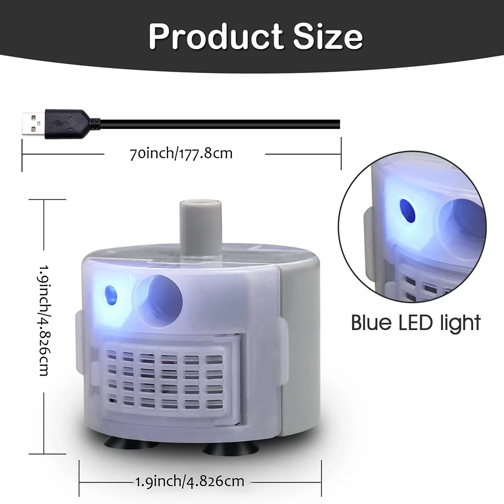 Pompe de fontaine grise avec câble USB et voyant bleu, avec ses dimensions indiquées