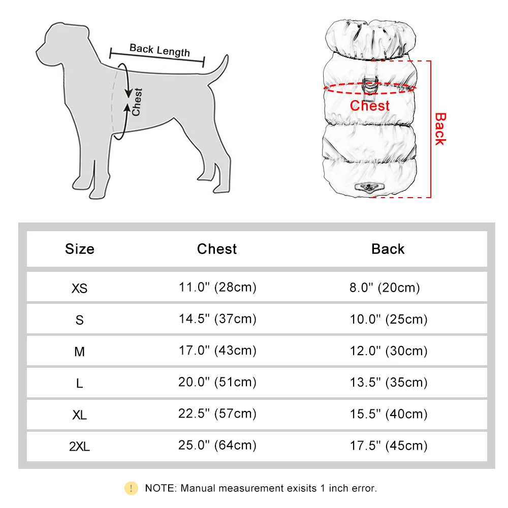 Schéma de mesure du tour de poitrine et de la longueur du dos d'un chien, avec un tableau de tailles