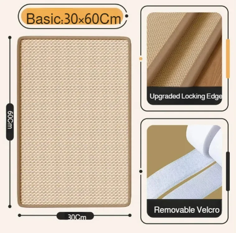 Tapis de sisal rectangulaire à bordure beige, format intermédiaire, avec gros plans de la bordure et du scratch blanc