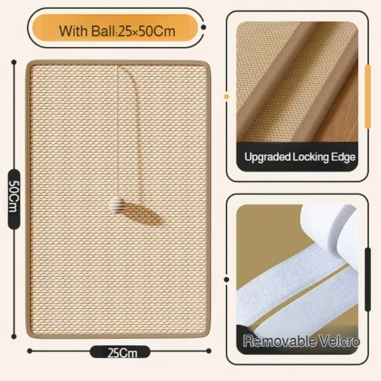 Tapis de sisal rectangulaire avec balle suspendue à un fil, version plus large, gros plans de la bordure et du scratch