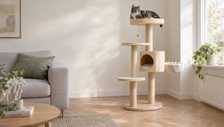 Arbre à chat design en bois clair à plateaux ronds et cube, chat tigré allongé sur la plateforme du haut dans un salon clair