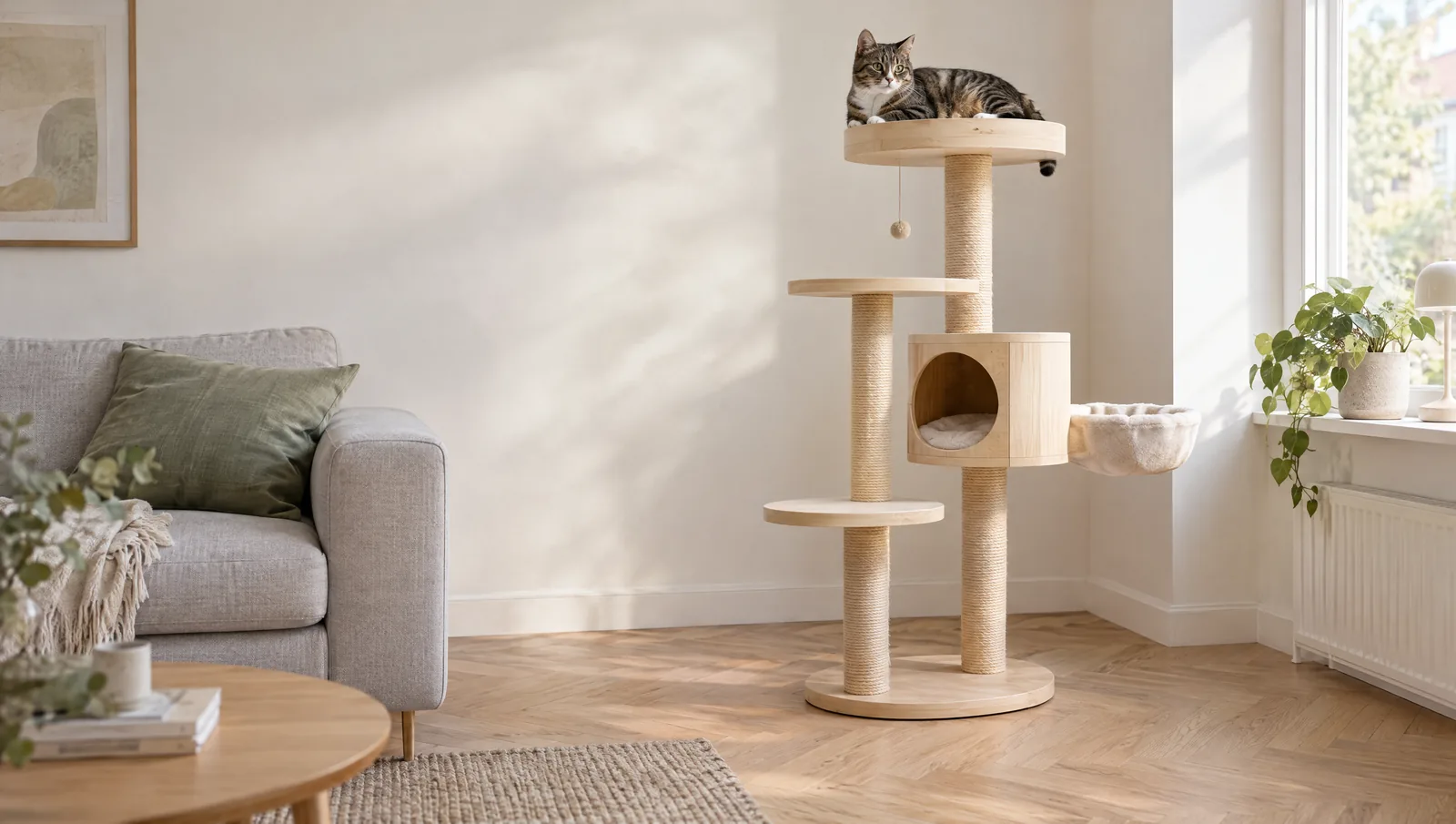 Arbre à chat design en bois clair à plateaux ronds et cube, chat tigré allongé sur la plateforme du haut dans un salon clair