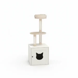 Arbre à chat blanc avec litière cachée dans un meuble à découpe tête de chat, vue sur fond blanc