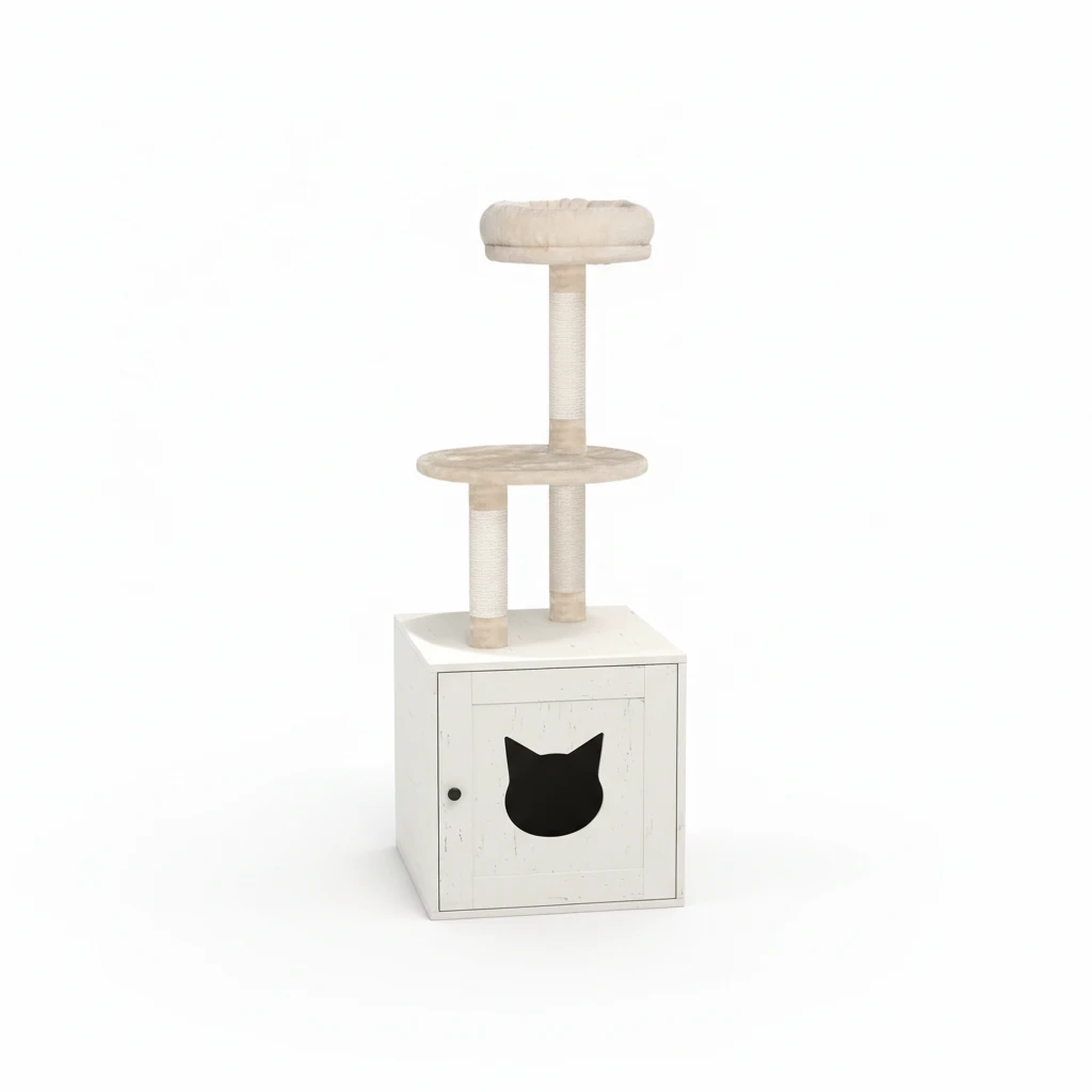Arbre à chat blanc avec litière cachée dans un meuble à découpe tête de chat, vue sur fond blanc
