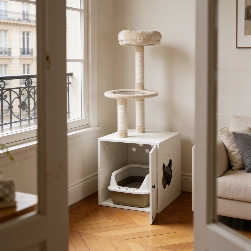 Arbre à chat avec litière cachée : perchoir et poteaux en sisal au-dessus, compartiment fermé avec ouverture d’accès en dessous