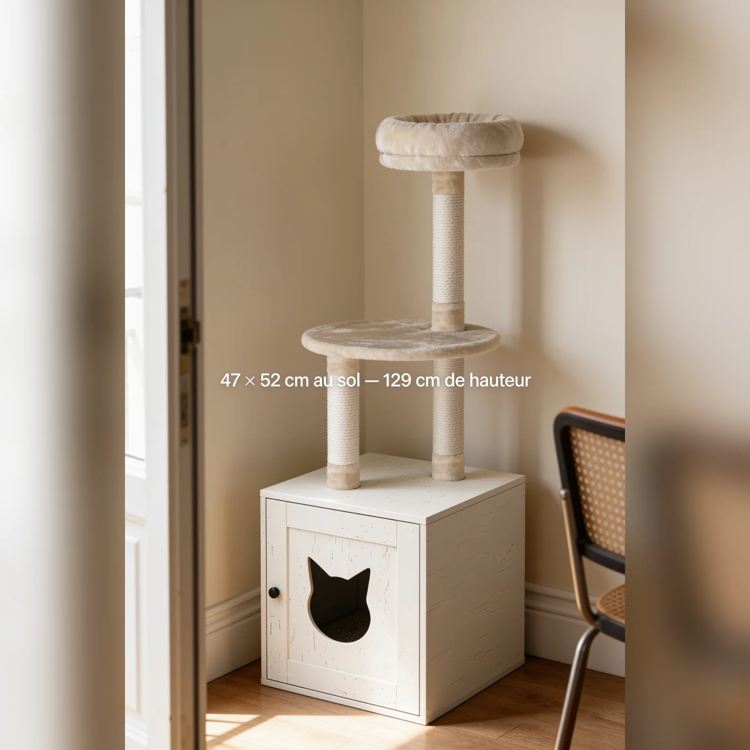 Arbre à chat avec litière cachée dans un coin d’appartement, dimensions indiquées sur l’image : 47 × 52 cm au sol, 129 cm de hauteur