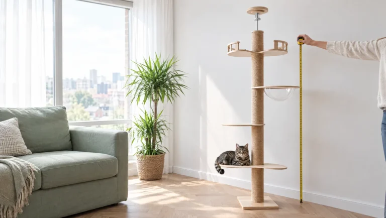 Arbre à chat en sisal près d'une fenêtre, mètre ruban tendu le long du poteau, chat tigré sur la plateforme du bas
