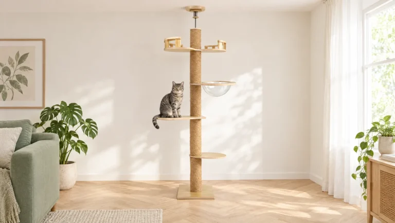 Chat tigré gris assis sur un arbre à chat en bois du sol au plafond dans un salon clair