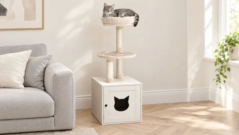 Chat tigré gris allongé en haut d'un arbre à chat crème avec litière cachée, devant un canapé gris clair