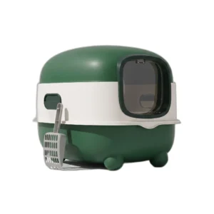 Bac à litière fermé Nooktails dôme vert foncé et blanc, entrée ovale avec grille, pelle suspendue sur le côté, fond blanc
