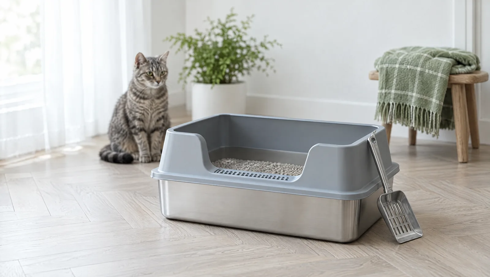 Bac à litière en inox à rebords hauts gris, pelle à litière appuyée contre le bac, chat tigré assis derrière