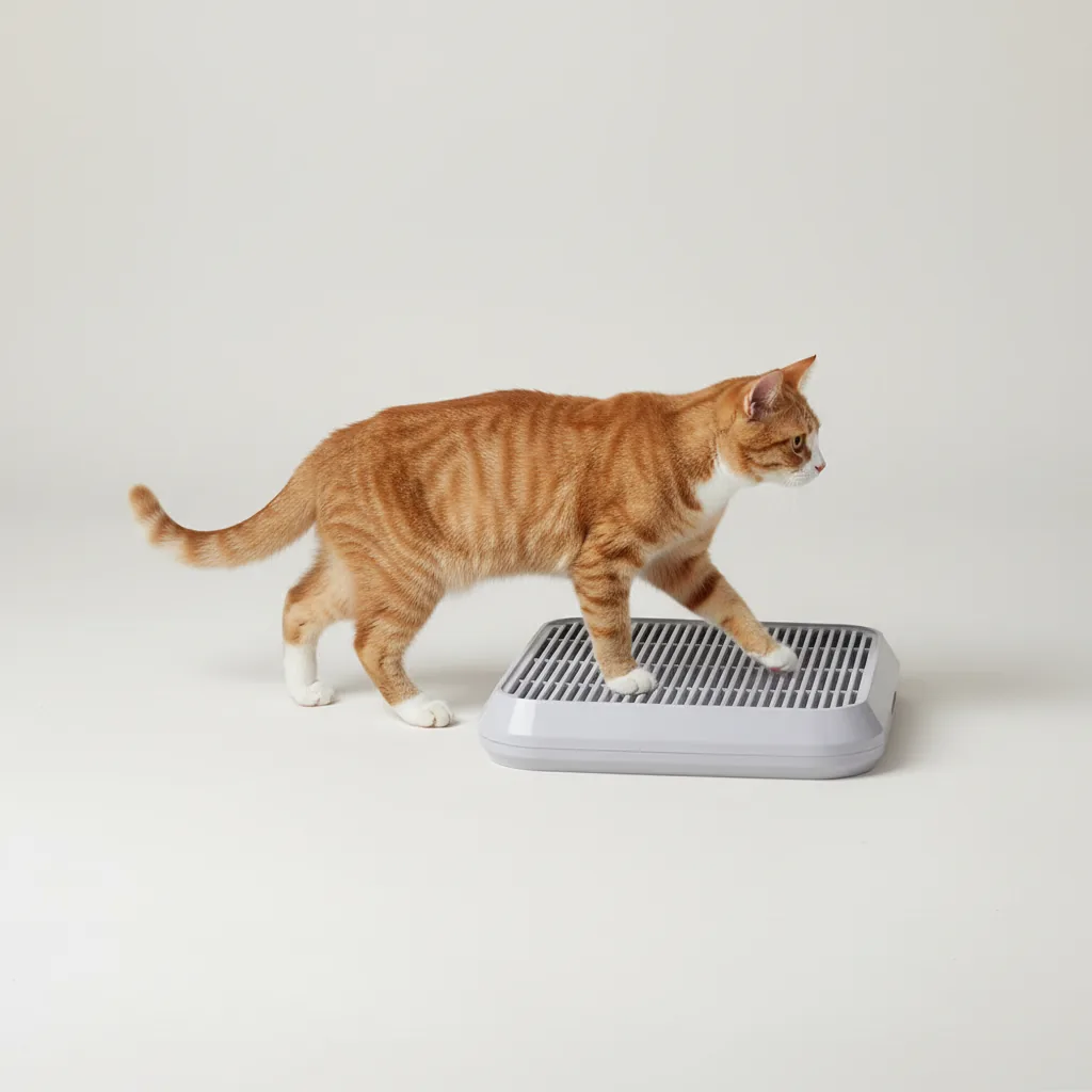 Chat roux et blanc marchant sur un bac de récupération gris clair à grille
