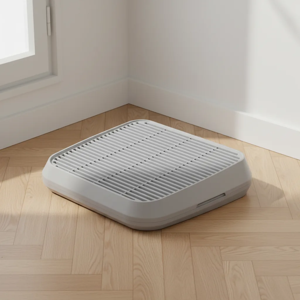 Bac de récupération de litière gris clair à grille, posé dans l'angle d'une pièce sur du parquet