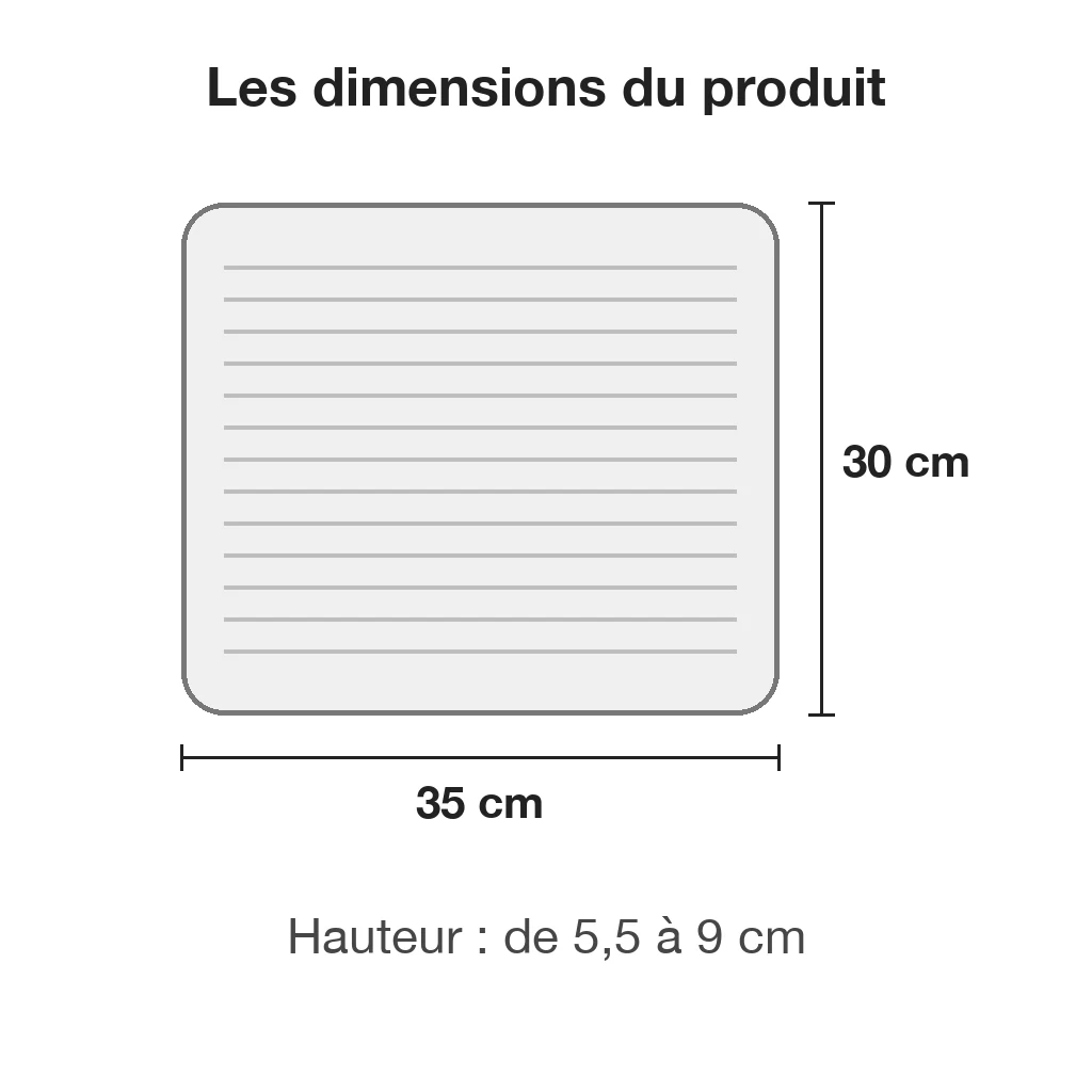 Schéma du bac de récupération de litière surélevé : 35 cm sur 30, hauteur de 5,5 à 9 cm