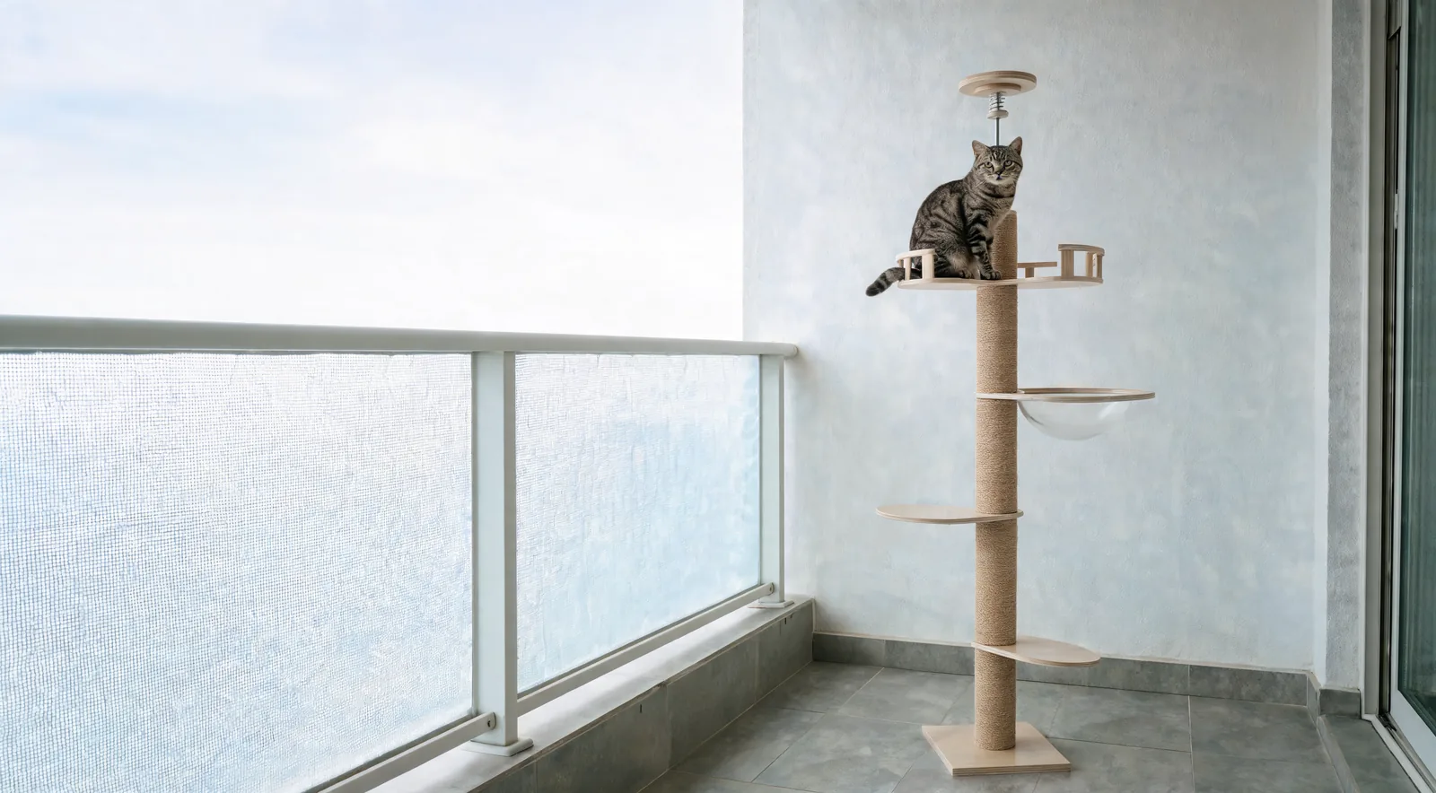 Balcon d'appartement sécurisé par un filet, avec un arbre à chat en sisal et un chat installé sur le plateau du haut