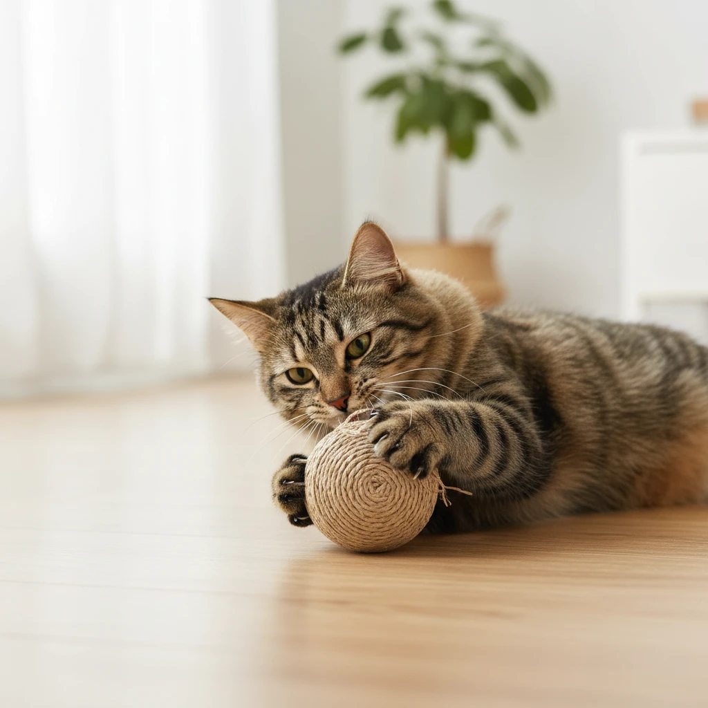 Chat tigré allongé sur un parquet clair qui retient une balle en corde de sisal tressée entre ses pattes