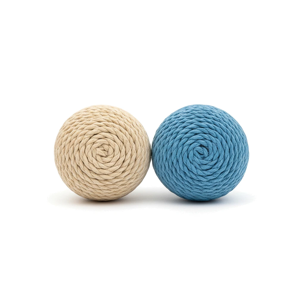 Balles en corde de sisal pour chat, naturelle et bleue, enroulées serré.