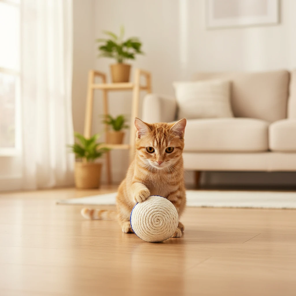 Chat roux jouant avec une balle en corde de sisal enroulée sur un parquet clair.