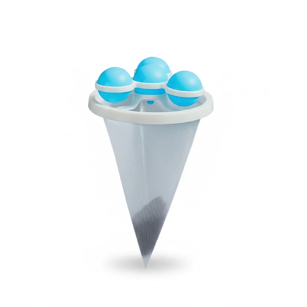 Filtre conique en filet blanc à anneau et boules bleues, vue de face sur fond blanc