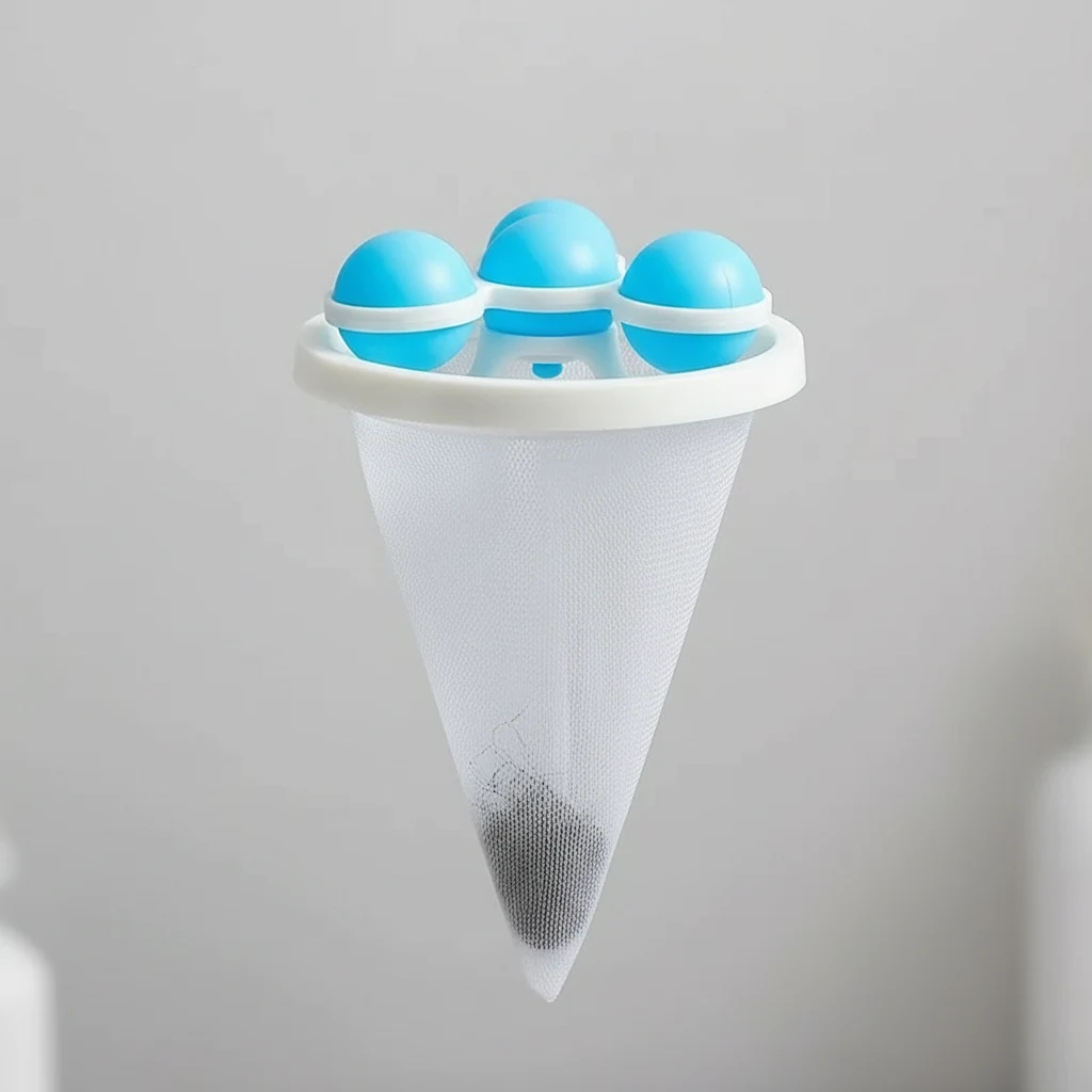 Gros plan du filtre à linge en forme de cône, avec ses billes bleues, sur fond clair