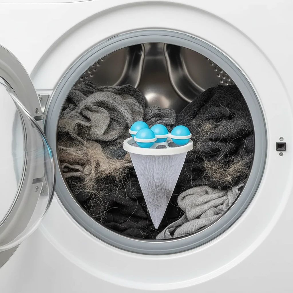 Filtre à linge en cône vertical avec ses billes, posé dans le tambour d'un lave-linge