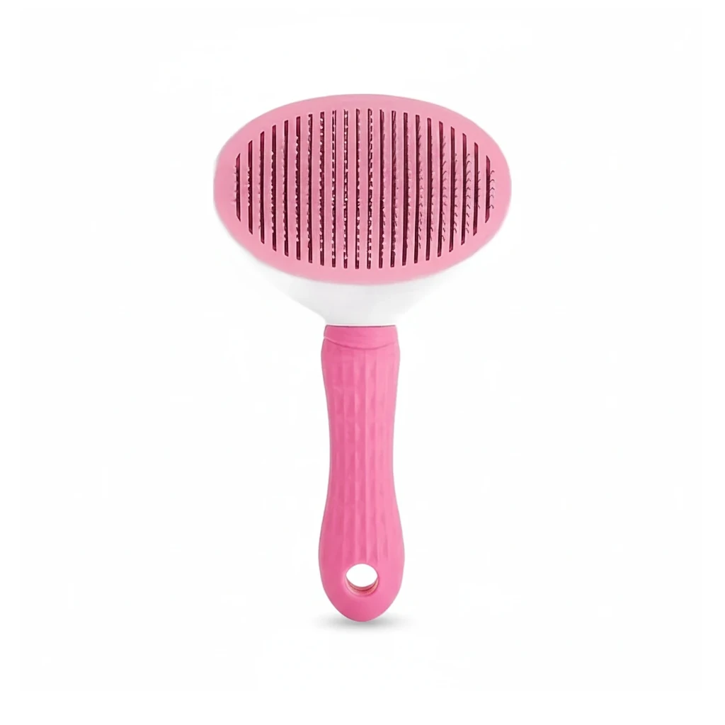 Brosse de toilettage rose à manche rose, vue de face sur fond blanc