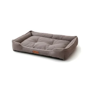 Canapé lit rectangulaire gris taupe à rebords et liseré crème, vue de trois quarts