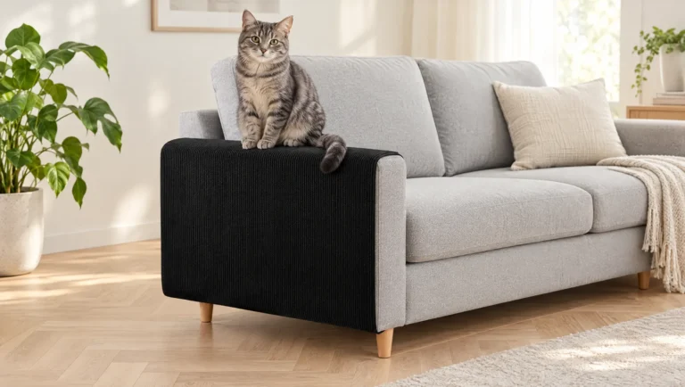 Chat tigré gris assis sur l'accoudoir d'un canapé gris clair protégé par une housse noire