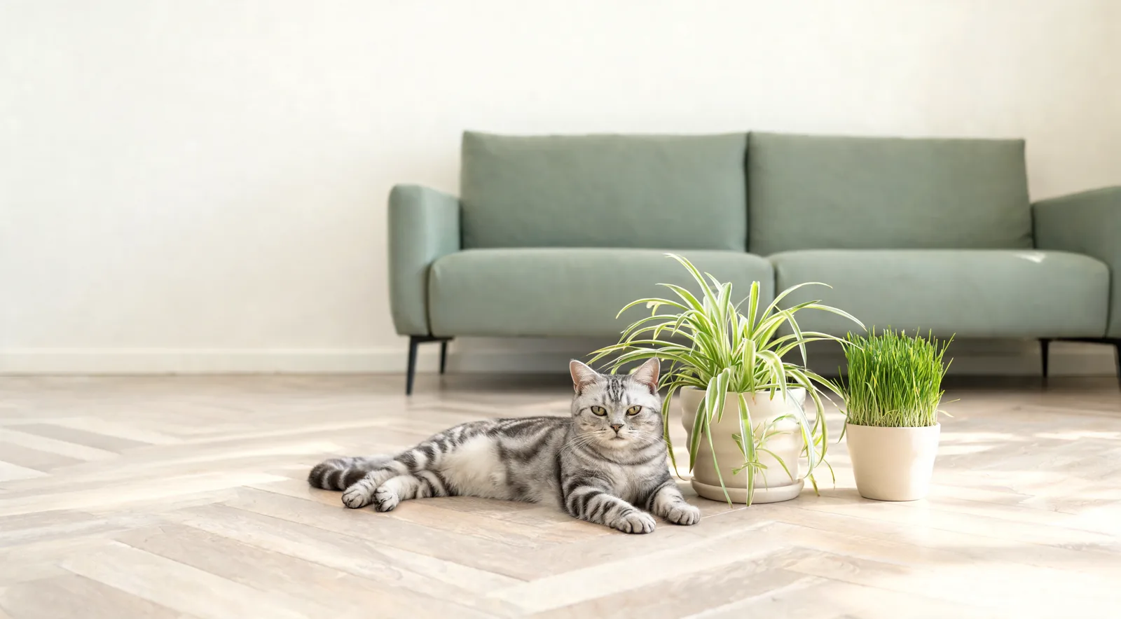 Chat tigré gris allongé sur un parquet clair devant un canapé vert sauge, près d'un chlorophytum et d'un pot d'herbe à chat