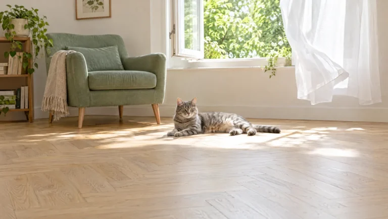 Chat tigré gris allongé au soleil dans un salon clair, fenêtre ouverte