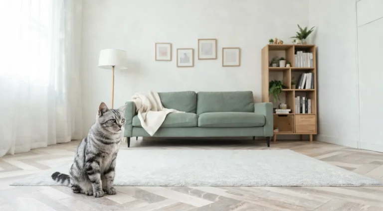 Chat tigré assis et attentif sur un canapé dans un salon avec étagère et cadres