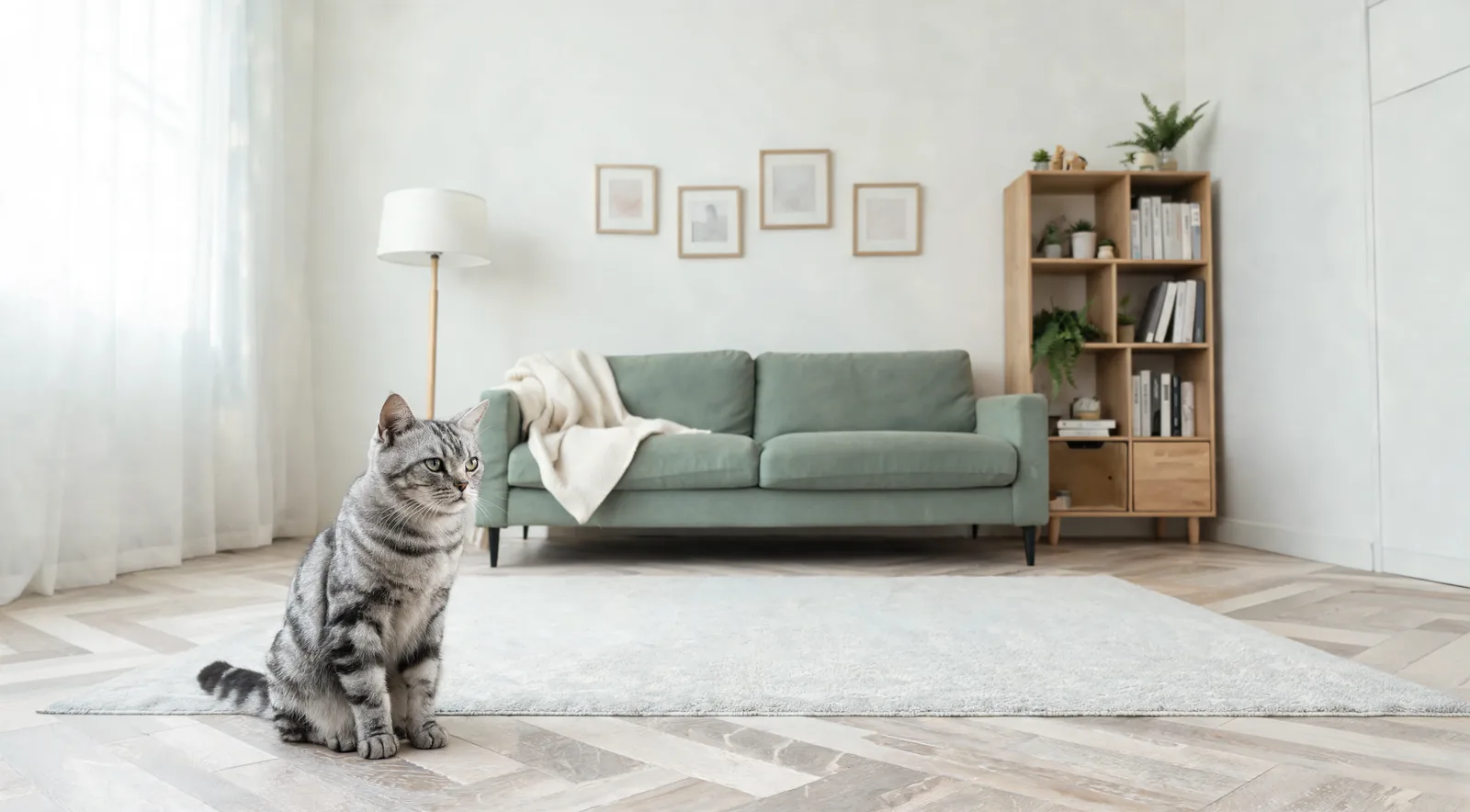 Chat tigré assis et attentif sur un canapé dans un salon avec étagère et cadres