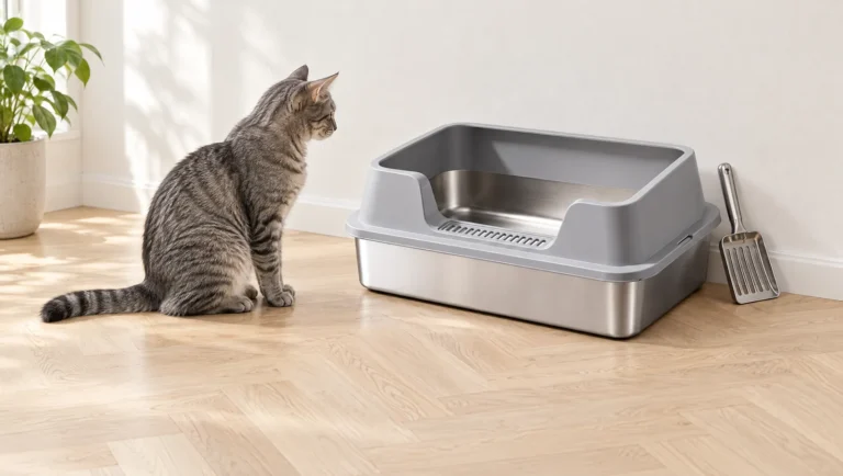 Chat tigré gris face à un bac à litière en inox et sa pelle, mur clair