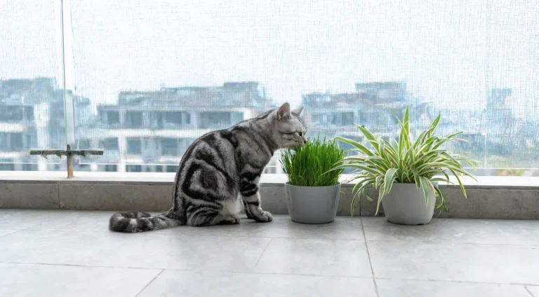 Chat tigré gris sur un balcon protégé par un filet, qui renifle un pot d'herbe à chat près d'un chlorophytum
