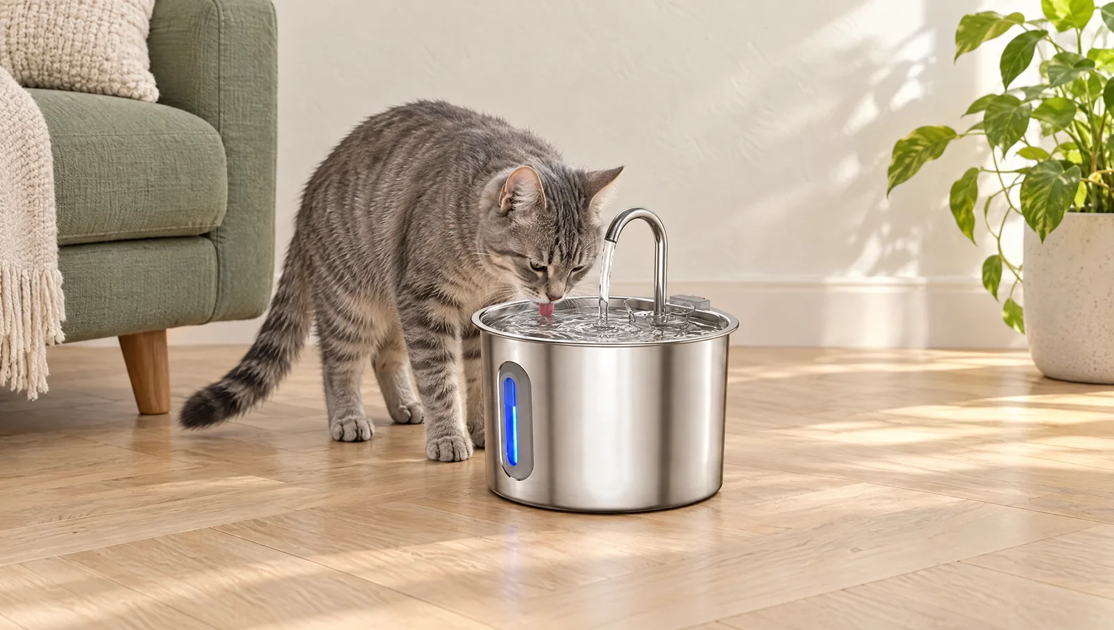 Chat tigré gris qui boit à une fontaine à eau en inox dans un salon clair
