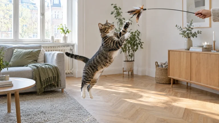 Chat tigré qui bondit pour attraper une plume au bout d'une canne à jouet dans un salon lumineux