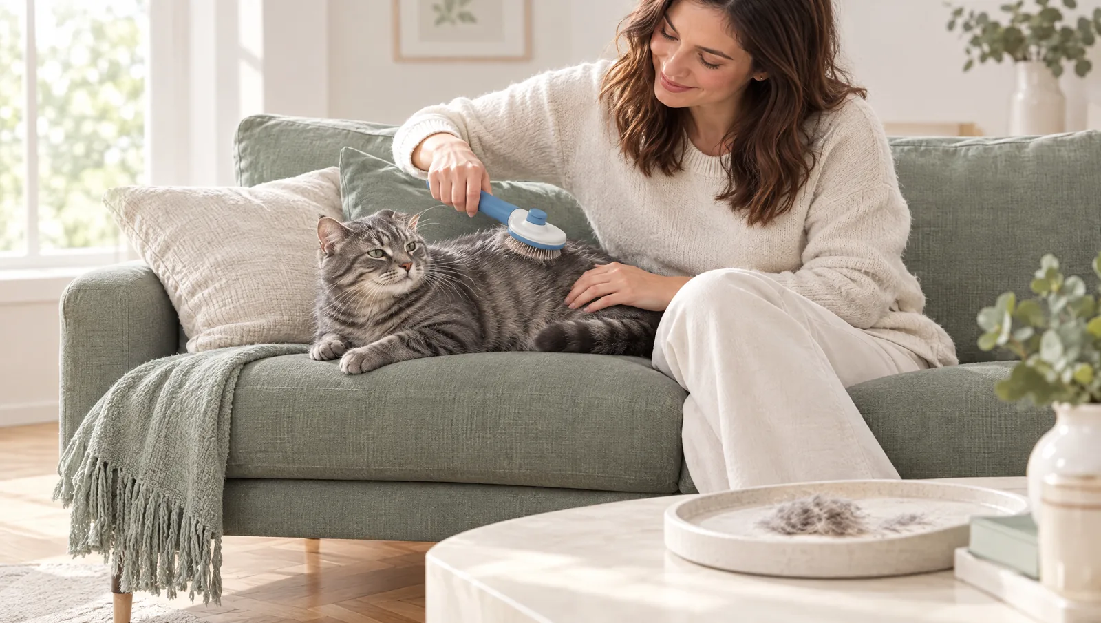Femme qui brosse son chat tigré gris sur un canapé sauge avec la brosse autonettoyante bleue et blanche, touffe de poils sur le plateau
