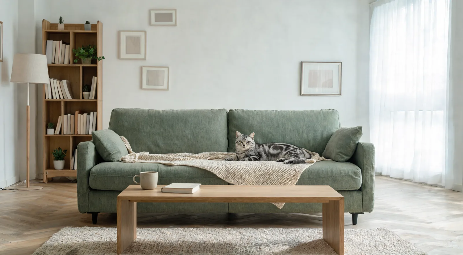 Chat tigré calme installé sur un canapé vert sauge dans un salon lumineux