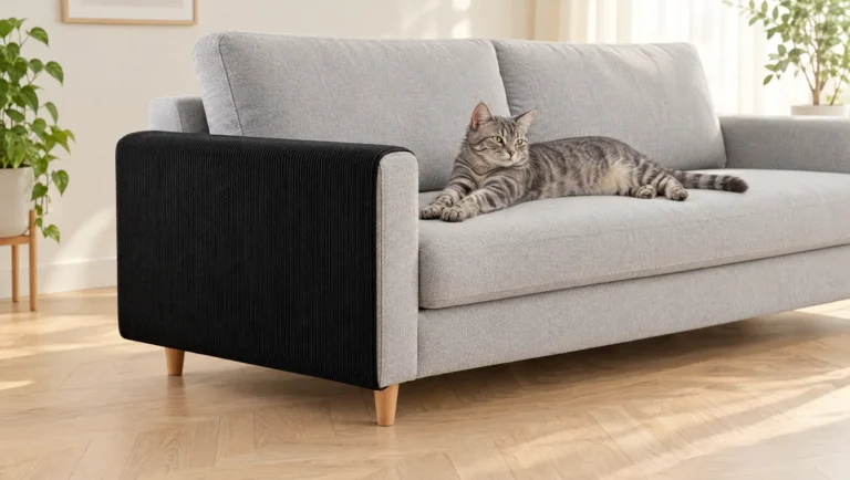 Chat tigré gris allongé sur un canapé gris clair dont l'accoudoir porte une protection noire